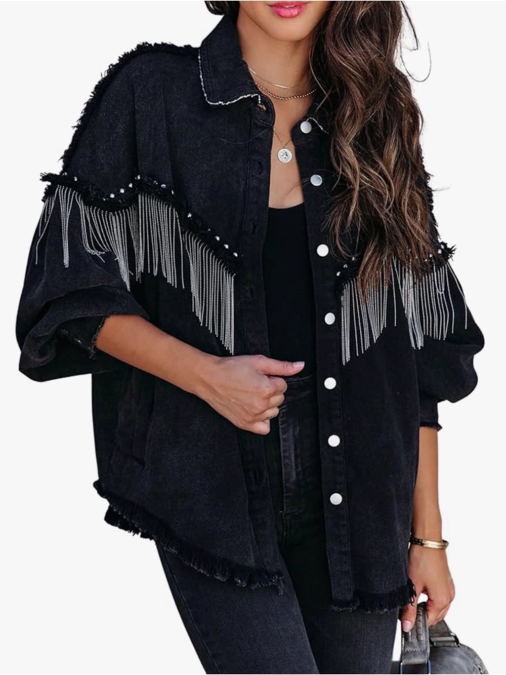 Black Fringe Jean Jacket - Women’s Oversized Denim Coat